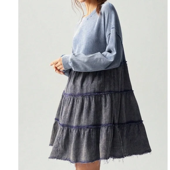 Color Block Mineral Wash Frayed Detail Oversized Long Sleeve Dress - Picture 5 of 8